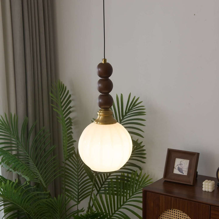 Suspension élégante en verre, bois et métal - Luminaire design