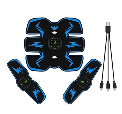 "Électrostimulateur EMS blanc et bleu, compact, pour musculation ciblée, gestion du poids et renforcement à domicile."
