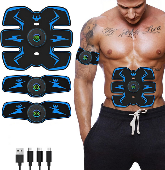 "Électrostimulateur EMS blanc et bleu, compact, pour musculation ciblée, gestion du poids et renforcement à domicile."
