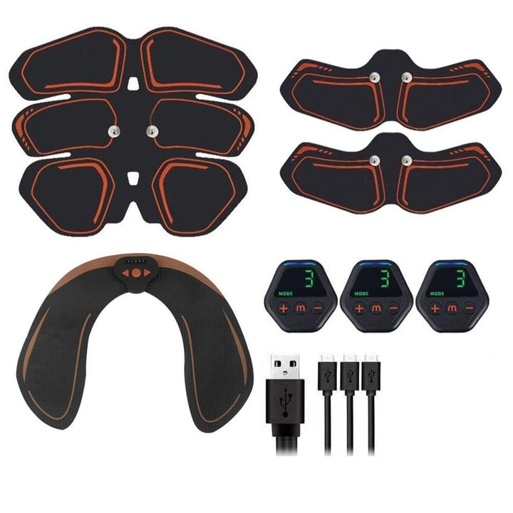 "Électrostimulateur musculaire sans fil, équipé d'électrodes, idéal pour raffermir les abdominaux et sculpter la silhouette."