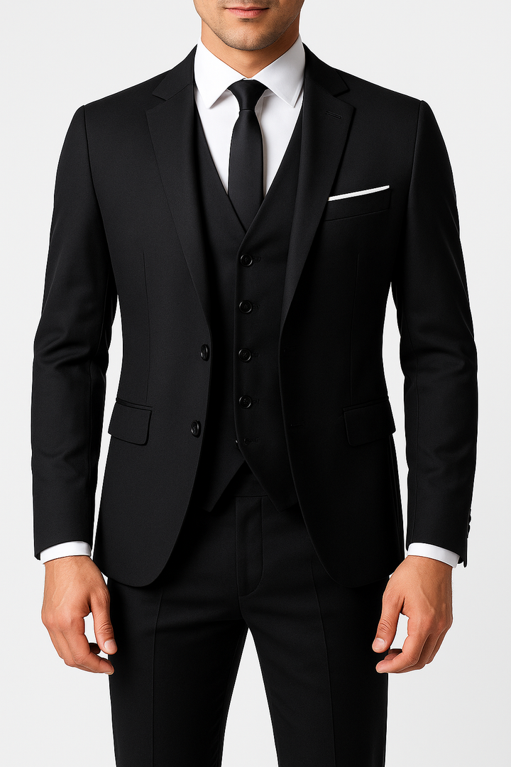 "Élégant costume 3 pièces homme en laine avec veste à deux boutons, gilet et pantalon, pour mariages et événements formels."
