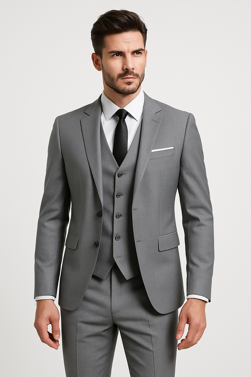"Élégant costume 3 pièces homme en laine avec veste à deux boutons, gilet et pantalon, pour mariages et événements formels."