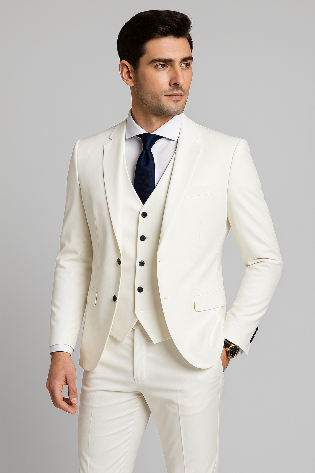 "Élégant costume 3 pièces homme en laine avec veste à deux boutons, gilet et pantalon, pour mariages et événements formels."