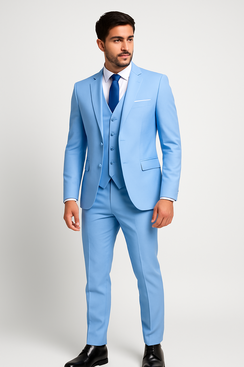 "Élégant costume 3 pièces homme en laine avec veste à deux boutons, gilet et pantalon, pour mariages et événements formels."