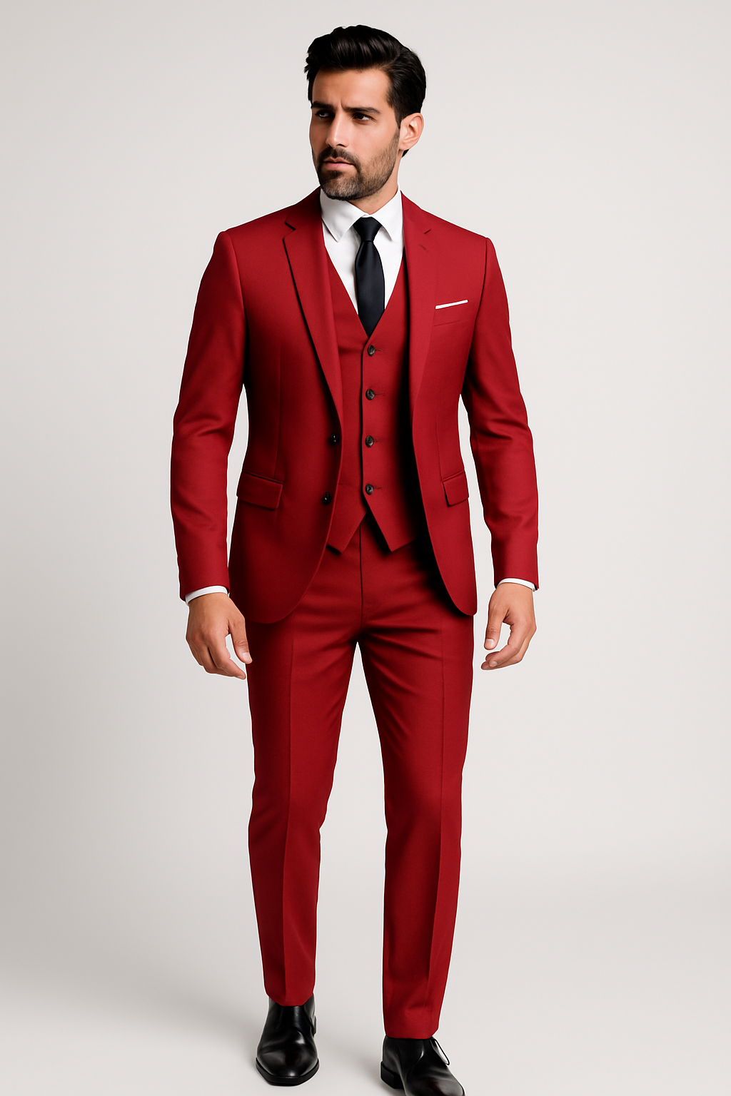 "Élégant costume 3 pièces homme en laine avec veste à deux boutons, gilet et pantalon, pour mariages et événements formels."