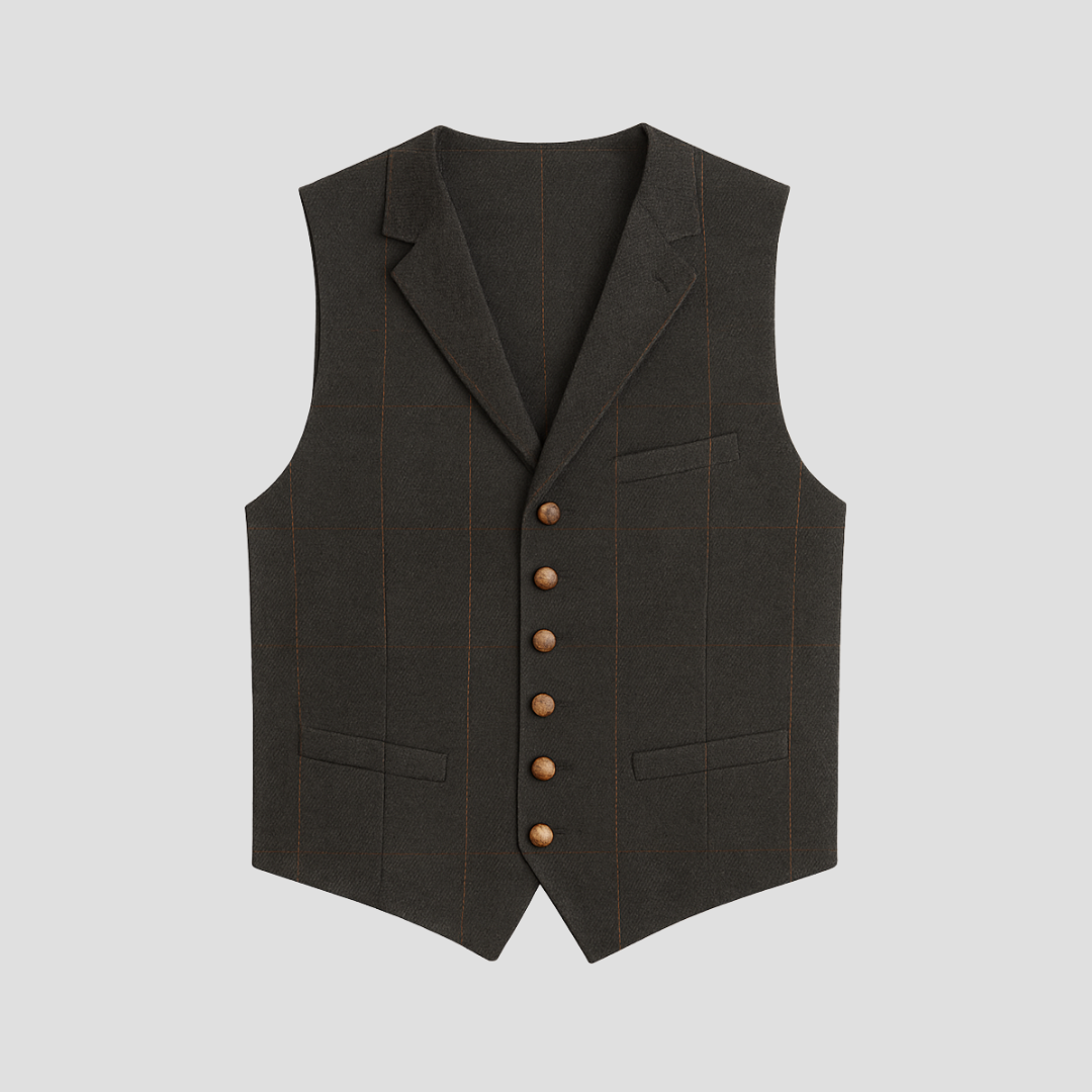 "Élégant gilet sans manches homme, coupe ajustée, boutons contrastants, tissu coton mélangé, parfait pour style moderne."