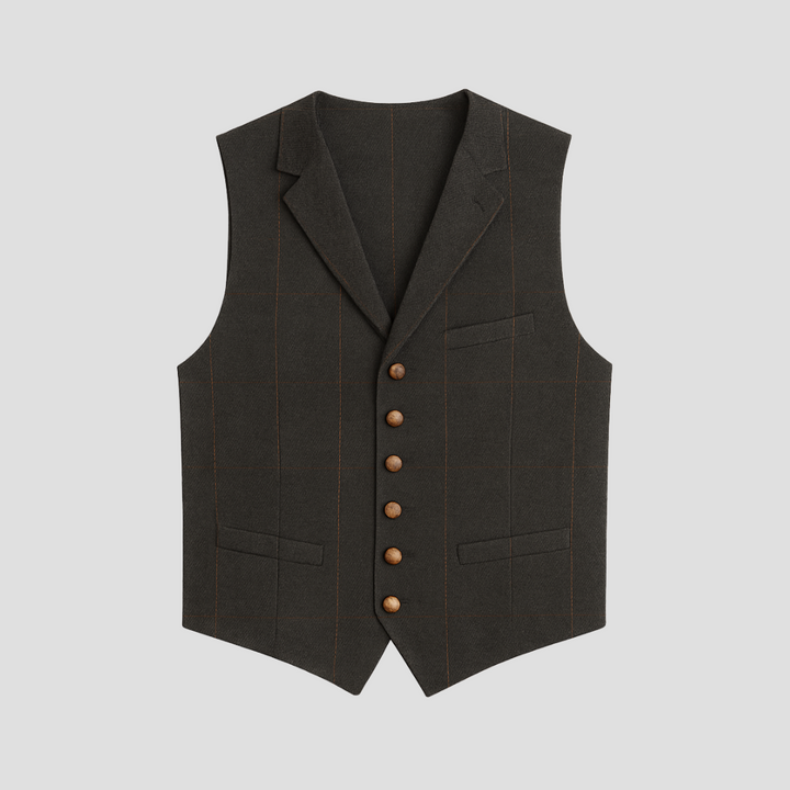 "Élégant gilet sans manches homme, coupe ajustée, boutons contrastants, tissu coton mélangé, parfait pour style moderne."