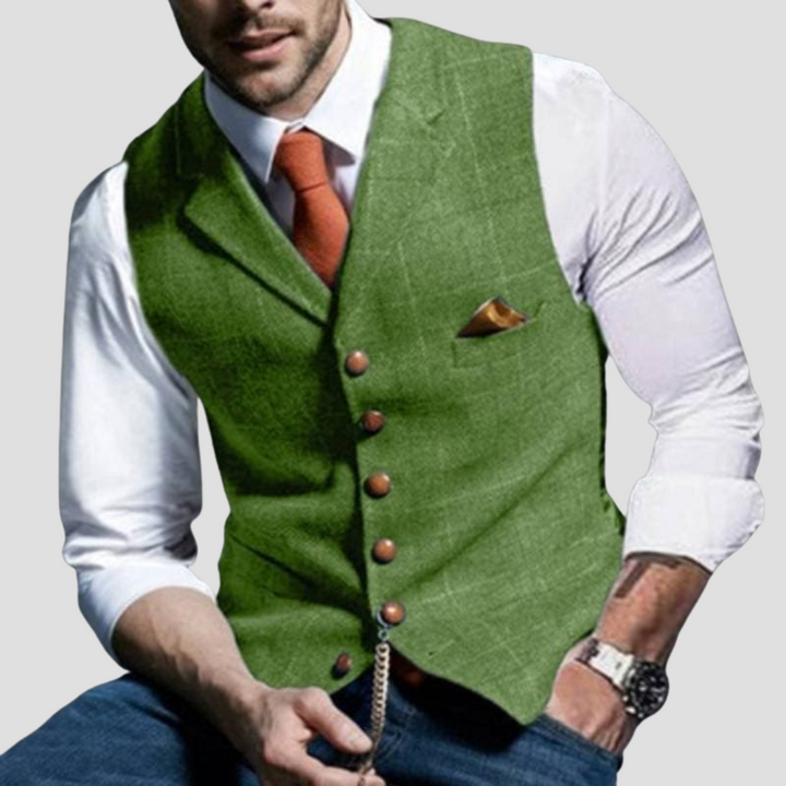 "Élégant gilet sans manches homme, coupe ajustée, boutons contrastants, tissu coton mélangé, parfait pour style moderne."