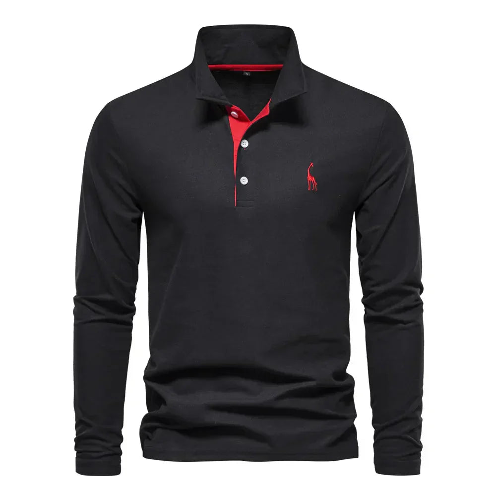 "Élégant polo à manches longues homme avec broderie, col classique, en coton respirant, coloris navy et orange."