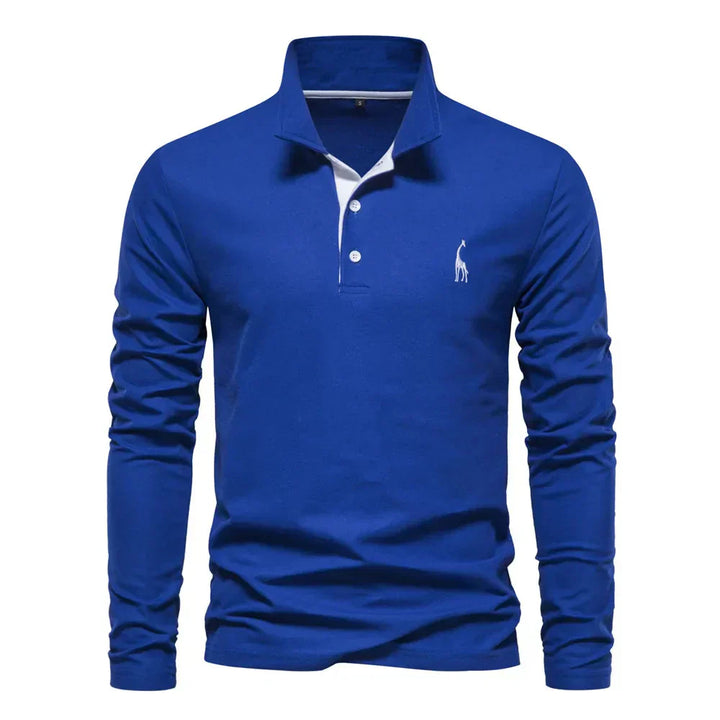 "Élégant polo à manches longues homme avec broderie, col classique, en coton respirant, coloris navy et orange."