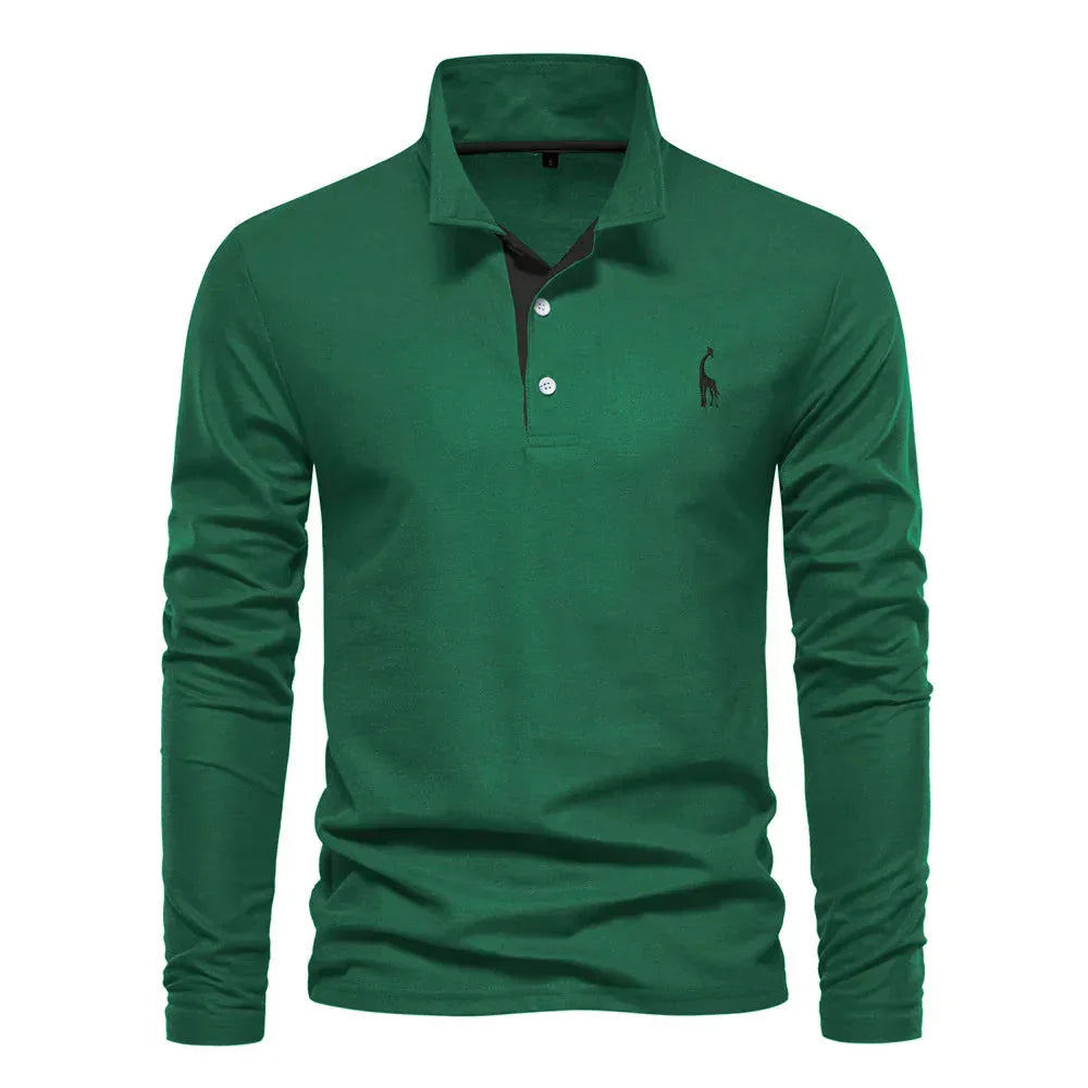 "Élégant polo à manches longues homme avec broderie, col classique, en coton respirant, coloris navy et orange."