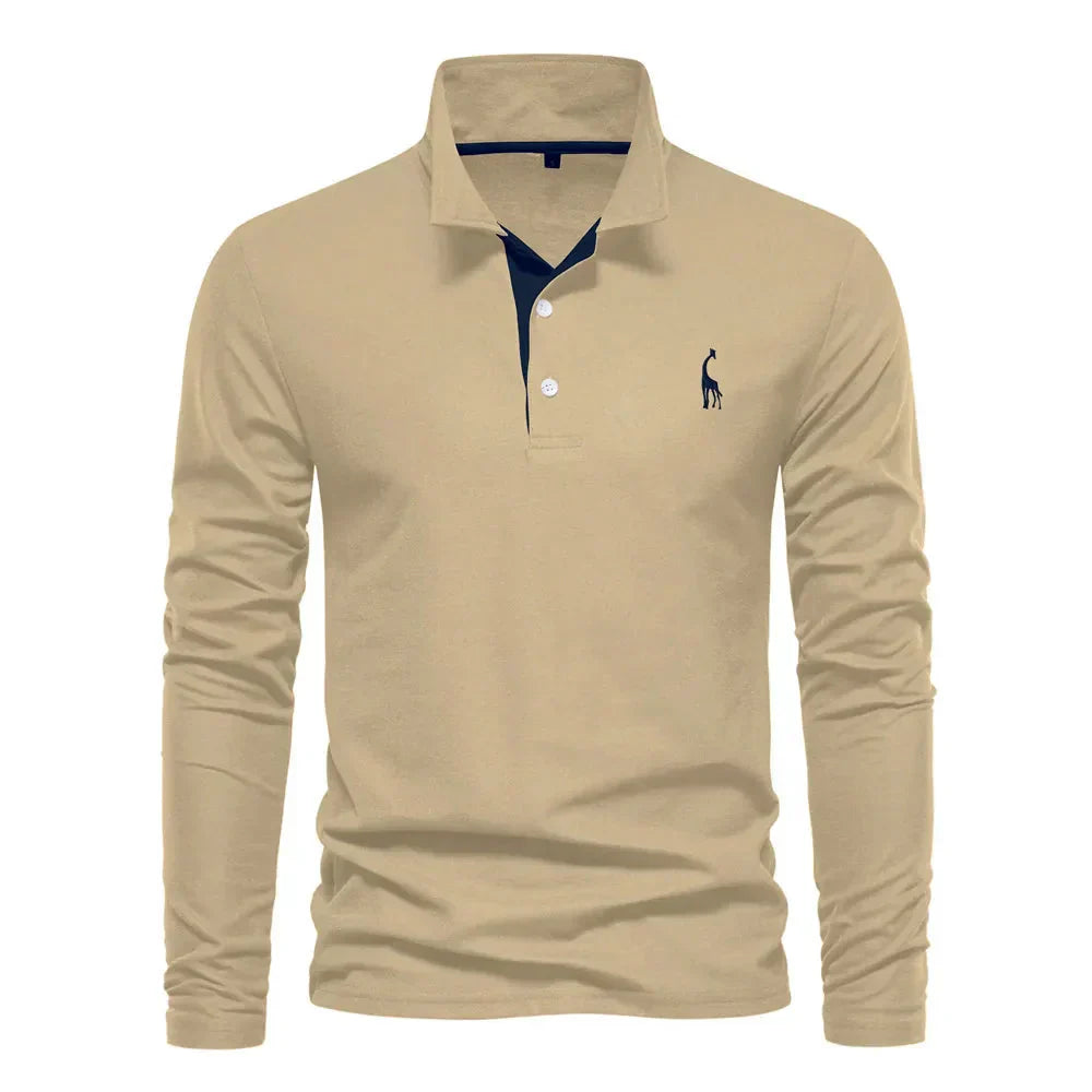 "Élégant polo à manches longues homme avec broderie, col classique, en coton respirant, coloris navy et orange."
