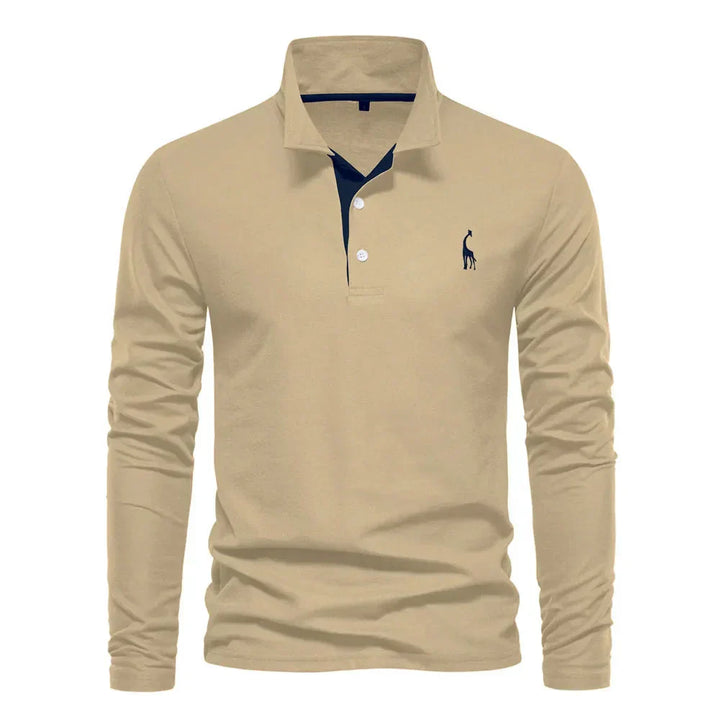 "Élégant polo à manches longues homme avec broderie, col classique, en coton respirant, coloris navy et orange."