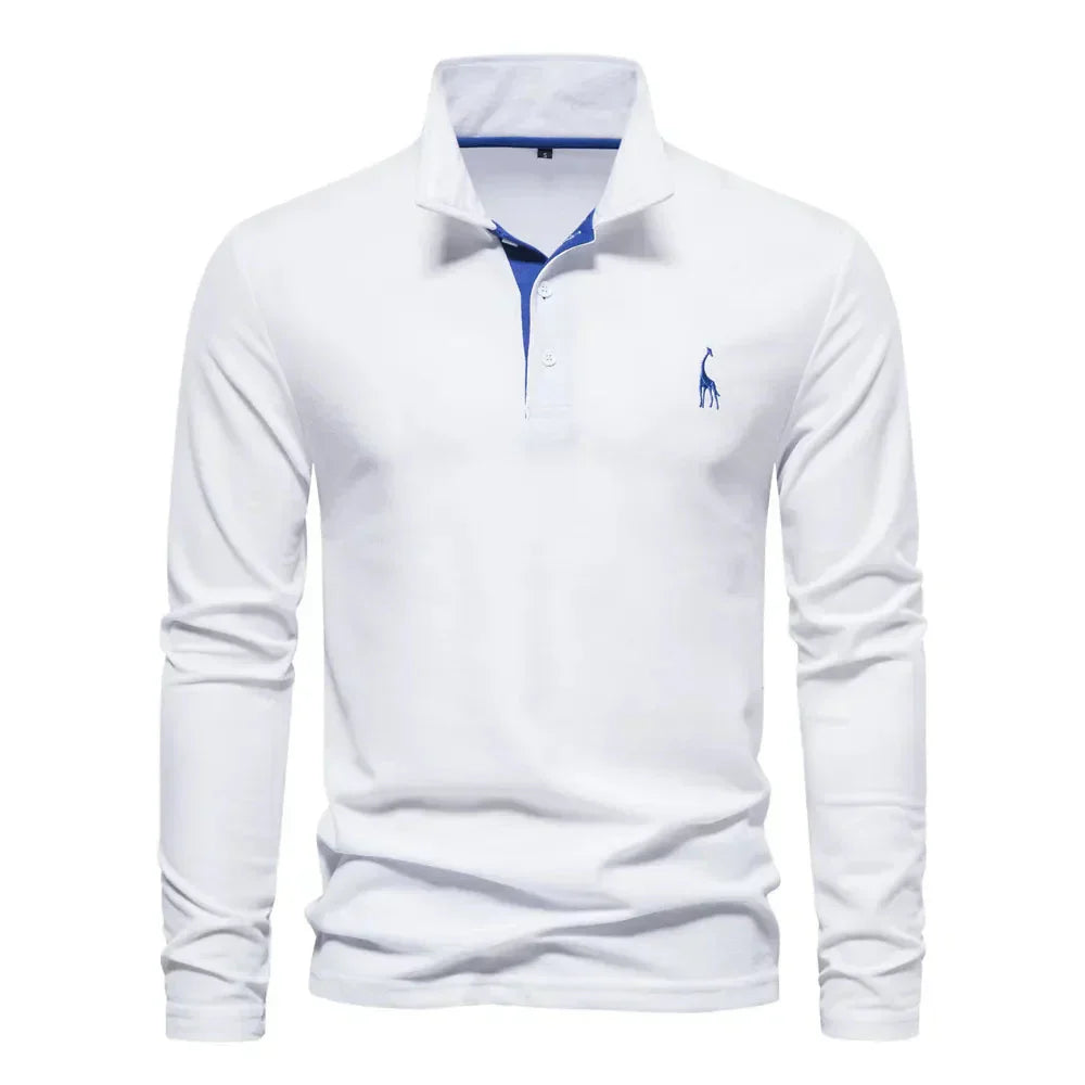 "Élégant polo à manches longues homme avec broderie, col classique, en coton respirant, coloris navy et orange."
