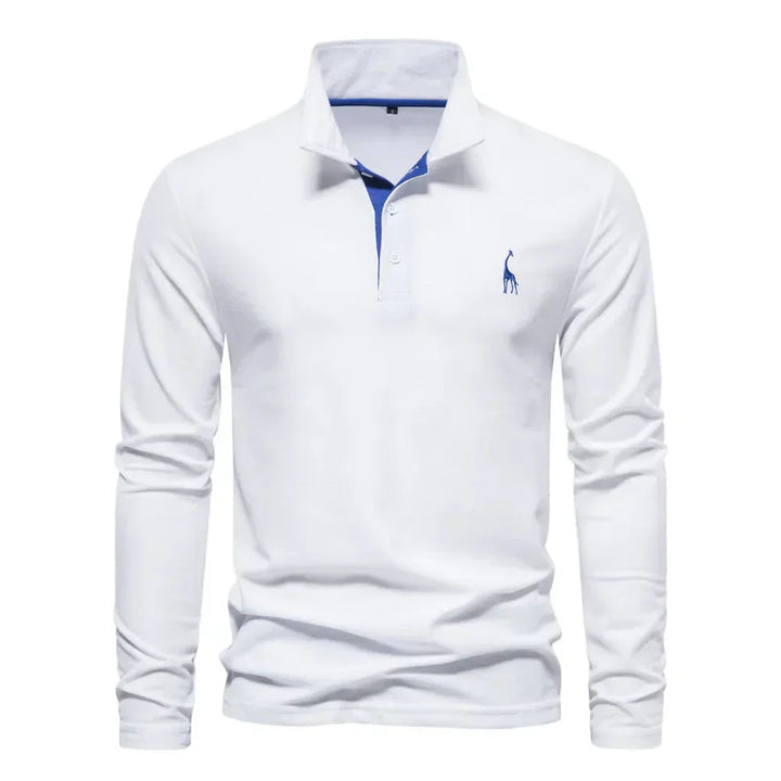 "Élégant polo à manches longues homme avec broderie, col classique, en coton respirant, coloris navy et orange."