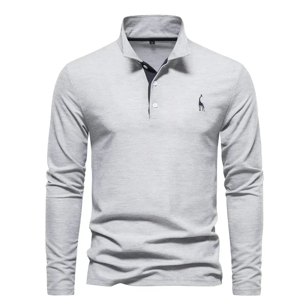 "Élégant polo à manches longues homme avec broderie, col classique, en coton respirant, coloris navy et orange."