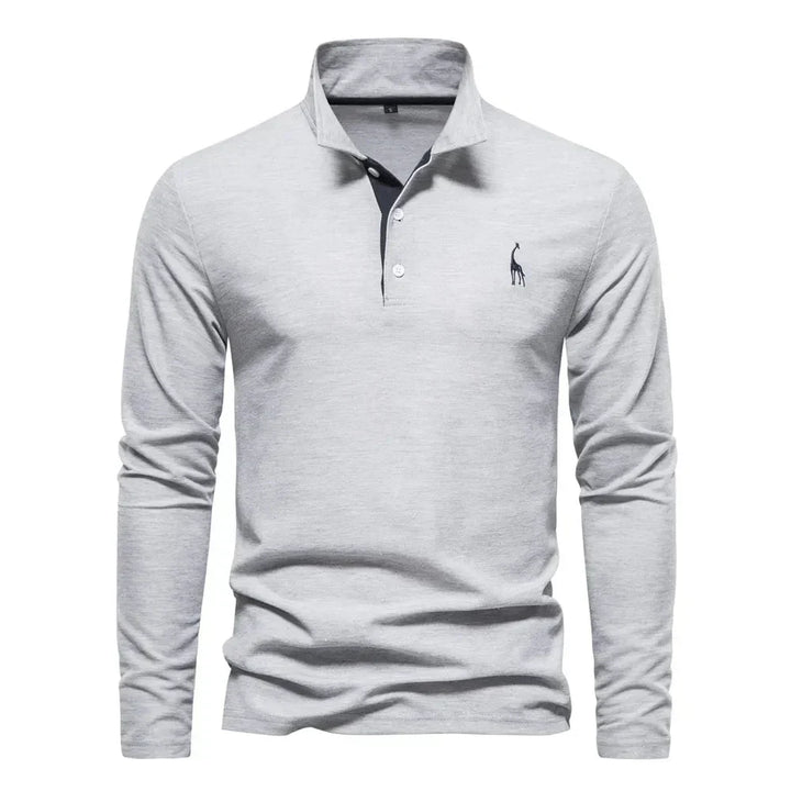 "Élégant polo à manches longues homme avec broderie, col classique, en coton respirant, coloris navy et orange."