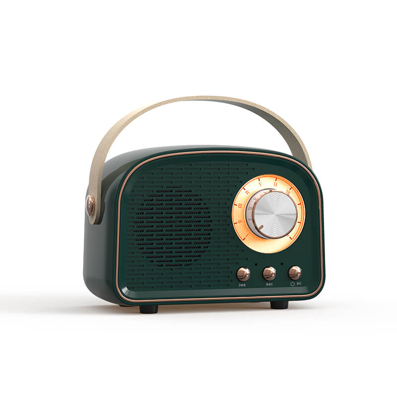 "Enceinte Bluetooth vintage au design rétro, radio FM intégrée, compacte, élégante, son clair, options de couleurs variées."