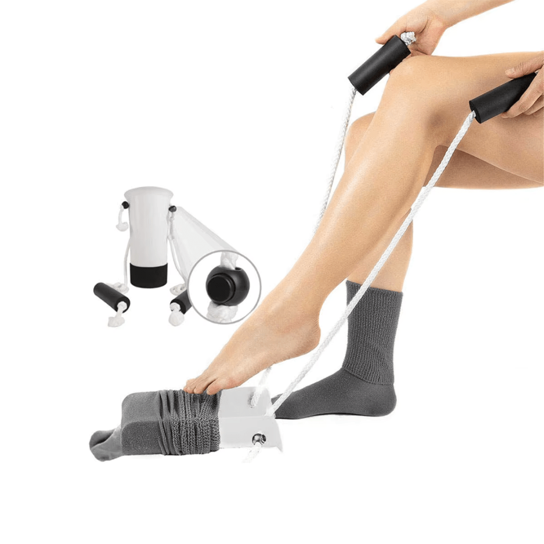 Enfile-bas de contention pratique, design robuste, vue de côté, matériau résistant, auxiliaire pour bas de contention.