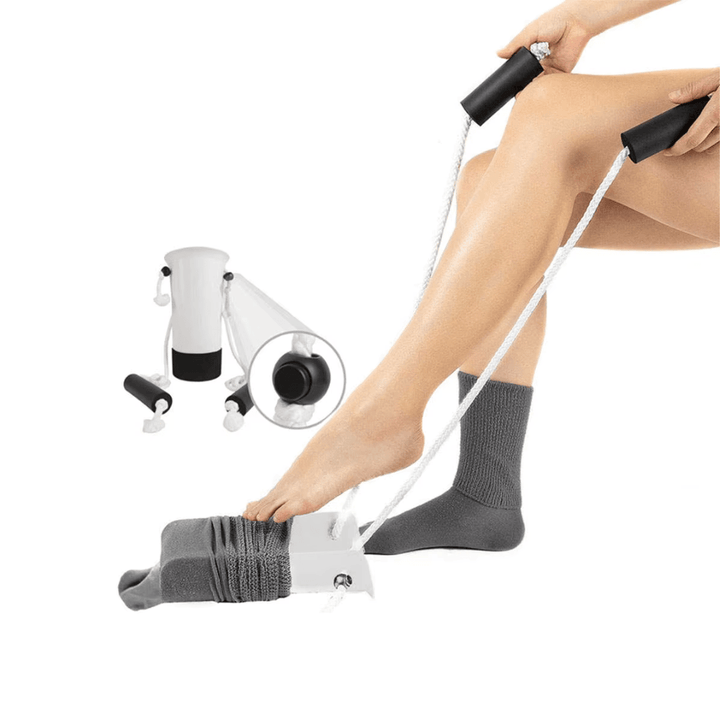 Enfile-bas de contention pratique, design robuste, vue de côté, matériau résistant, auxiliaire pour bas de contention.