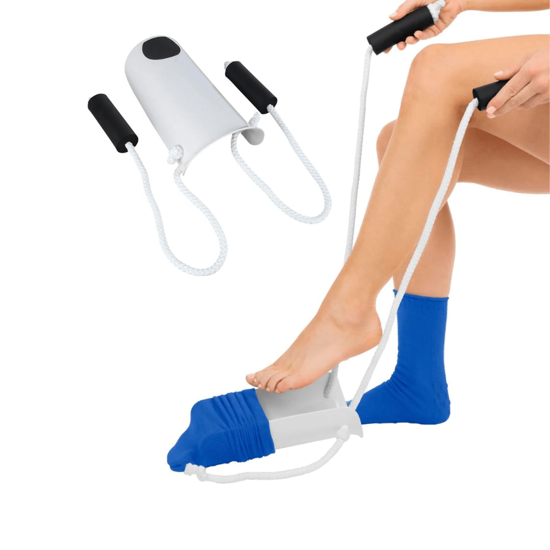 Enfile-bas de contention pratique, design robuste, vue de côté, matériau résistant, auxiliaire pour bas de contention.