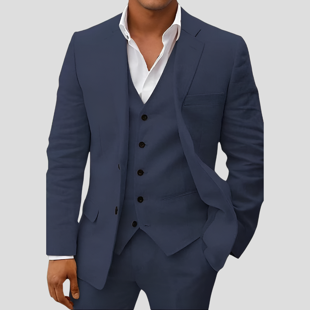 "Ensemble 3 pièces homme en lin beige, blazer, gilet, pantalon, élégance et confort en toute saison"