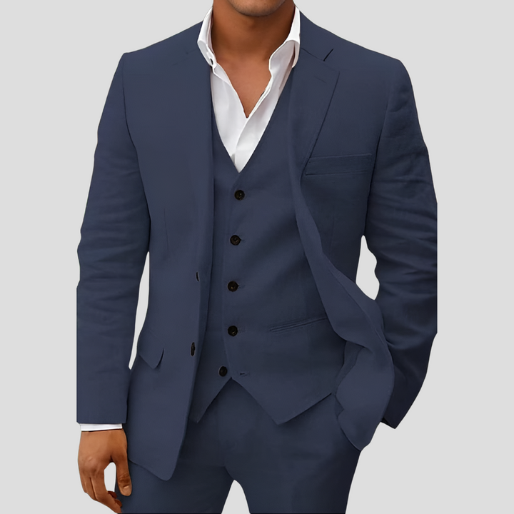 "Ensemble 3 pièces homme en lin beige, blazer, gilet, pantalon, élégance et confort en toute saison"