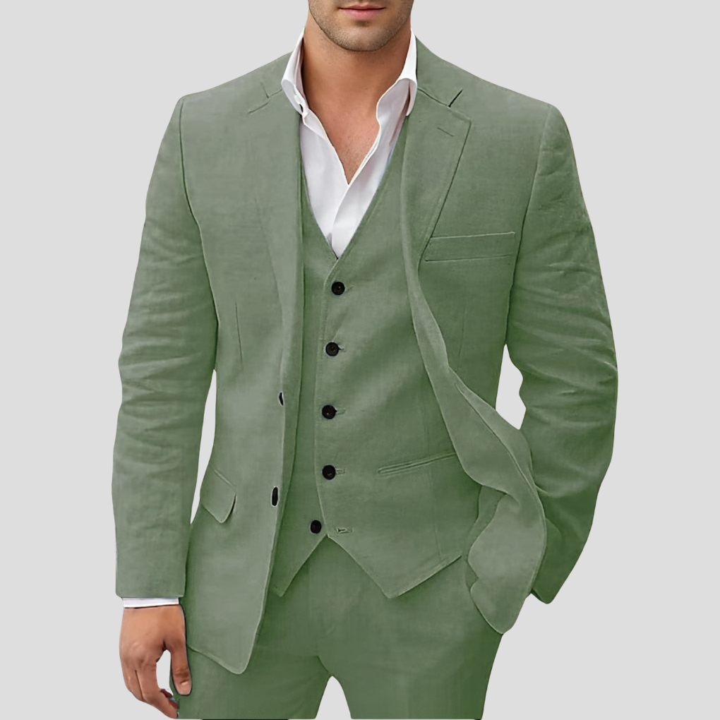 "Ensemble 3 pièces homme en lin beige, blazer, gilet, pantalon, élégance et confort en toute saison"