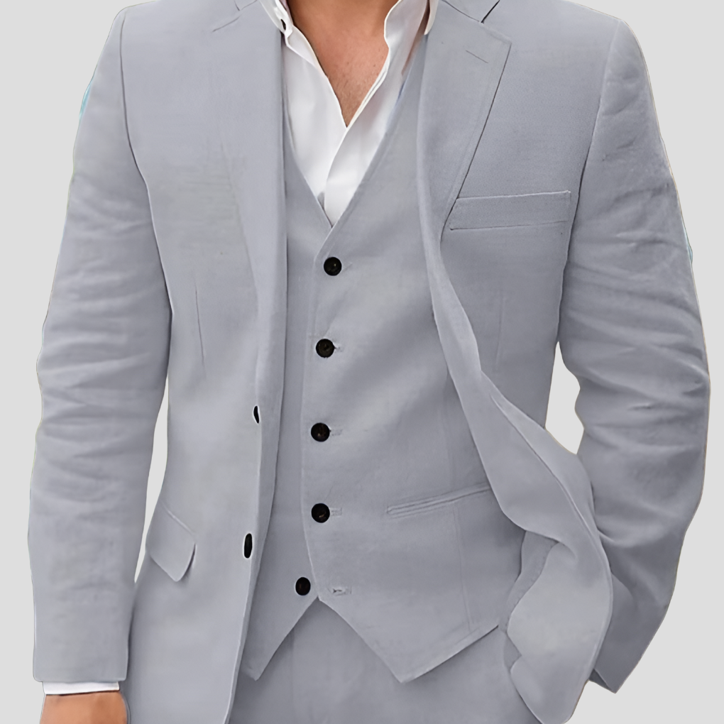 "Ensemble 3 pièces homme en lin beige, blazer, gilet, pantalon, élégance et confort en toute saison"