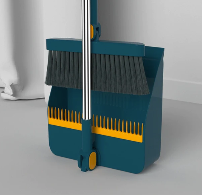 Ensemble balai et pelle à dents, tête rotative 180°, design ergonomique, nettoyage efficace des coins sous les meubles.