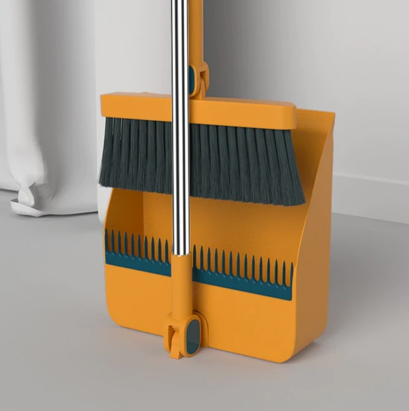 Ensemble balai et pelle à dents, tête rotative 180°, design ergonomique, nettoyage efficace des coins sous les meubles.
