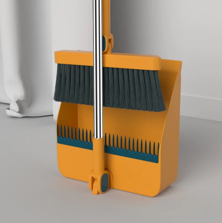 Ensemble balai et pelle à dents, tête rotative 180°, design ergonomique, nettoyage efficace des coins sous les meubles.