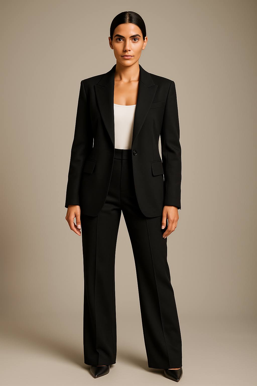 "Ensemble blazer et pantalon femme, élégant, coupe slim, col V, tissu léger et aéré, idéal bureau et occasions formelles."