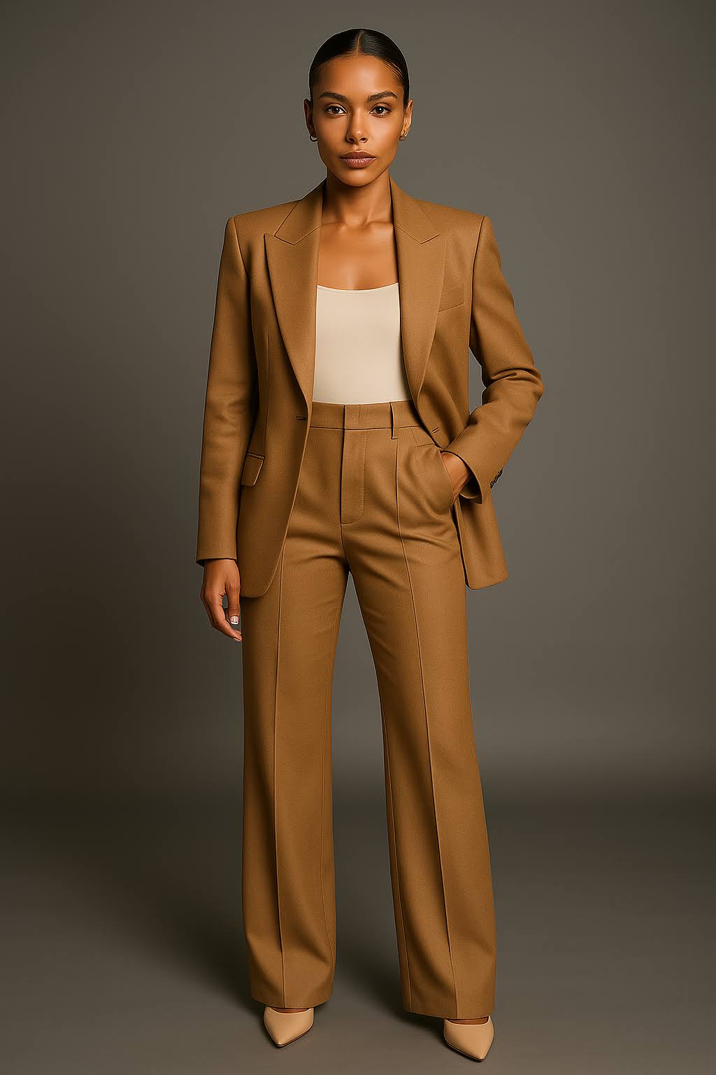"Ensemble blazer et pantalon femme, élégant, coupe slim, col V, tissu léger et aéré, idéal bureau et occasions formelles."