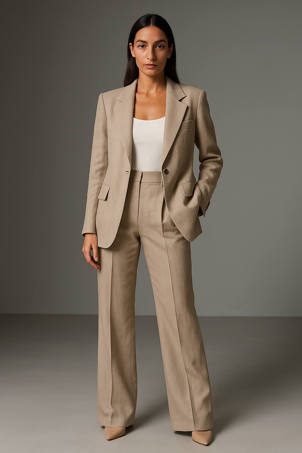 "Ensemble blazer et pantalon femme, élégant, coupe slim, col V, tissu léger et aéré, idéal bureau et occasions formelles."