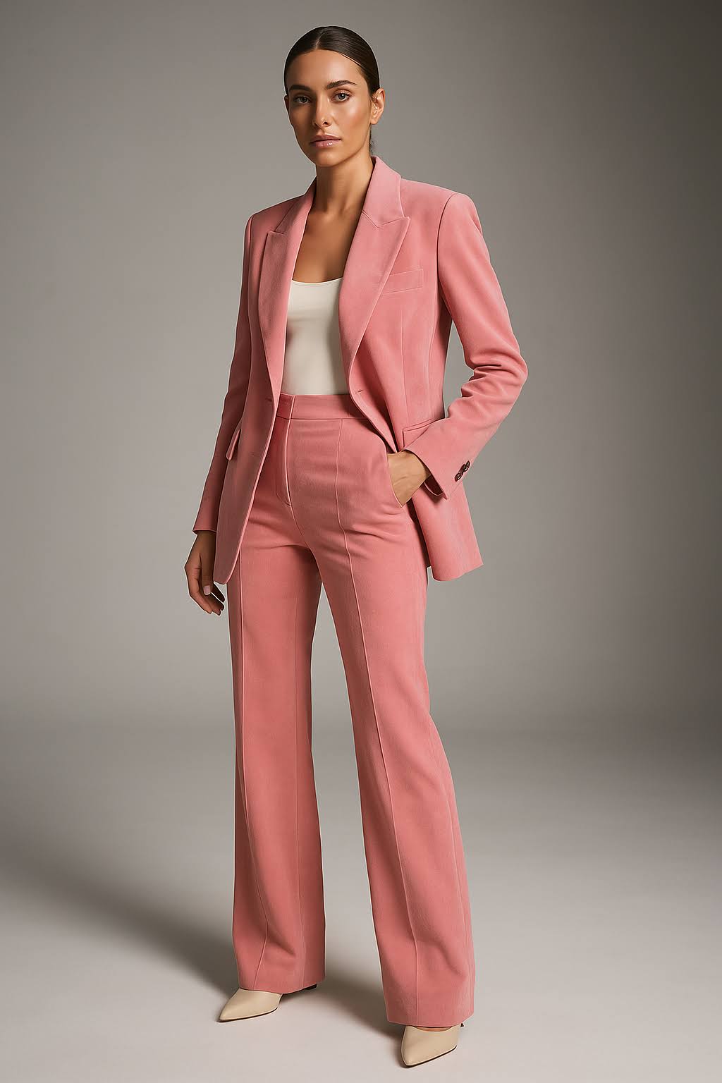 "Ensemble blazer et pantalon femme, élégant, coupe slim, col V, tissu léger et aéré, idéal bureau et occasions formelles."