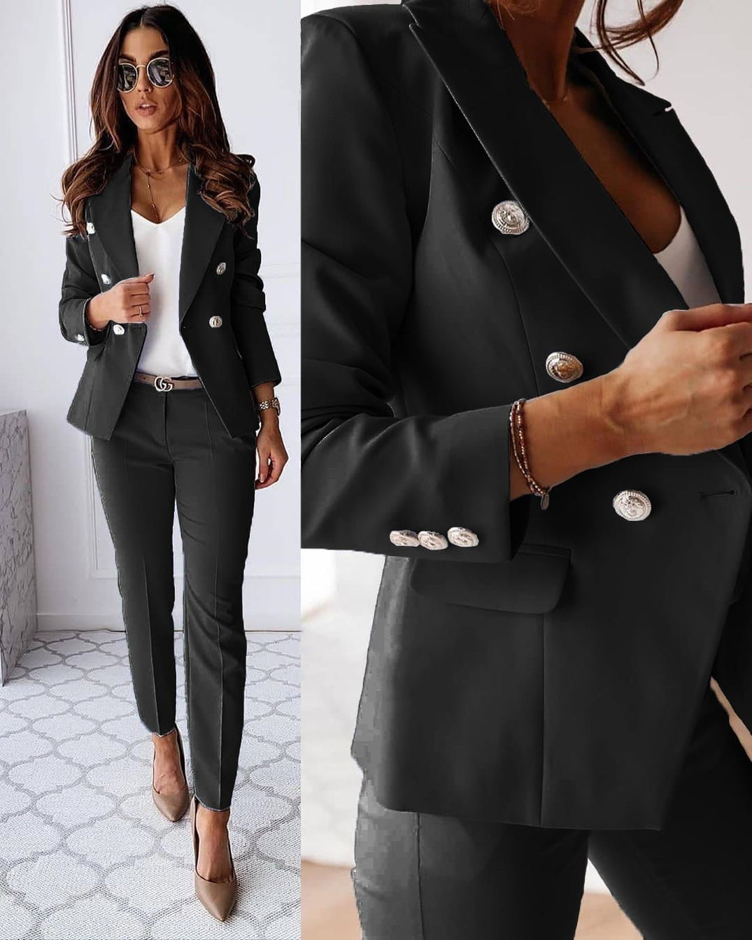 "Ensemble blazer moderne femme, coupe ajustée, jupe ou pantalon assorti, couleurs classiques et vives disponibles"