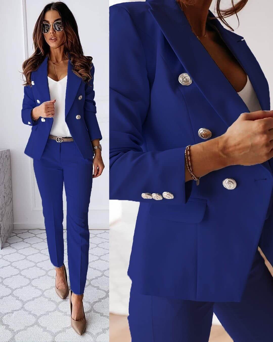 "Ensemble blazer moderne femme, coupe ajustée, jupe ou pantalon assorti, couleurs classiques et vives disponibles"