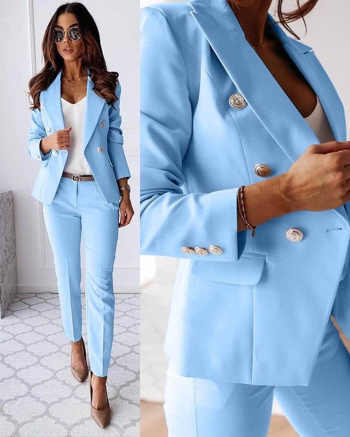 "Ensemble blazer moderne femme, coupe ajustée, jupe ou pantalon assorti, couleurs classiques et vives disponibles"