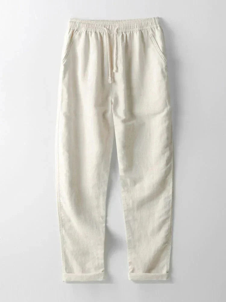 "Ensemble chemise et pantalon en lin pour femmes, vue de face, élégant et décontracté, tissu léger pour l'été."