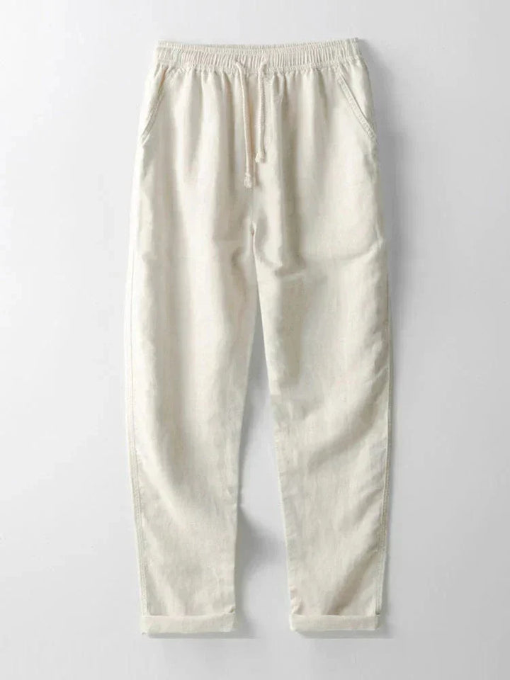 "Ensemble chemise et pantalon en lin pour femmes, vue de face, élégant et décontracté, tissu léger pour l'été."