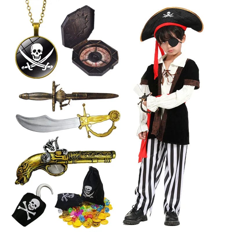 Ensemble complet déguisement pirate garçon, veste marron, bandana rouge, épée, pour aventures et explorations.