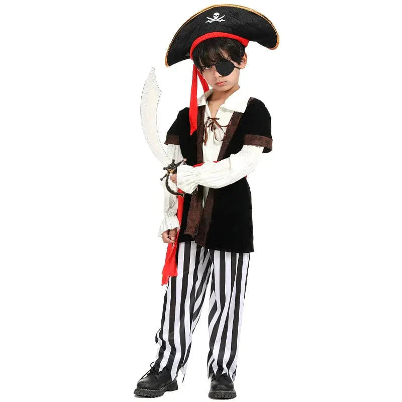Ensemble complet déguisement pirate garçon, veste marron, bandana rouge, épée, pour aventures et explorations.