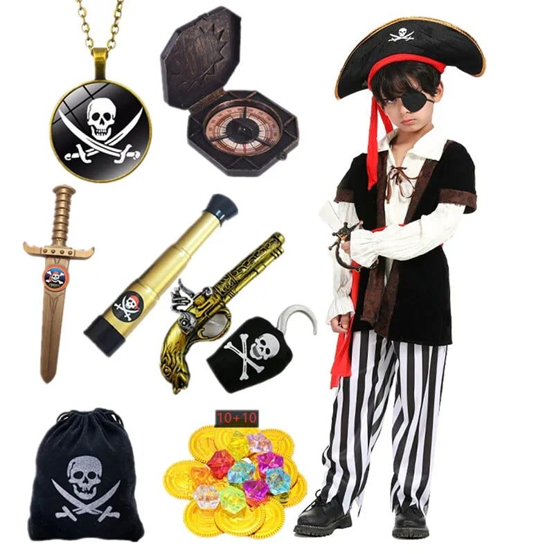 Ensemble complet déguisement pirate garçon, veste marron, bandana rouge, épée, pour aventures et explorations.