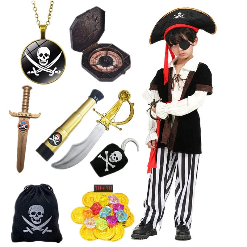 Ensemble complet déguisement pirate garçon, veste marron, bandana rouge, épée, pour aventures et explorations.