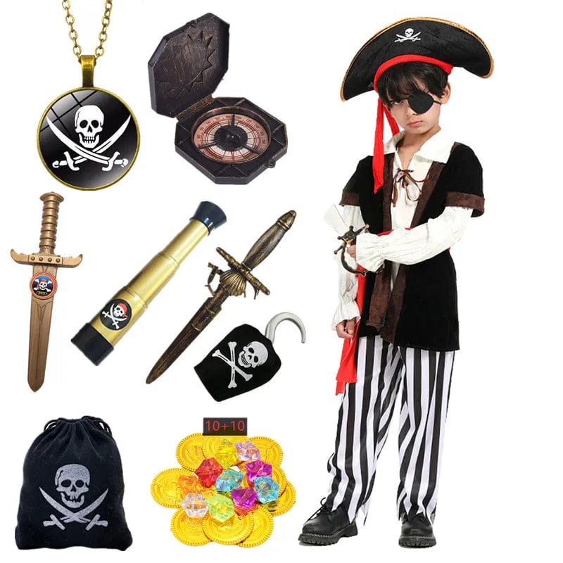 Ensemble complet déguisement pirate garçon, veste marron, bandana rouge, épée, pour aventures et explorations.