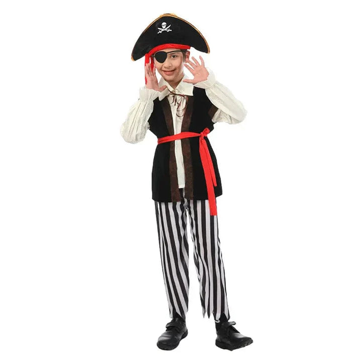 Ensemble complet déguisement pirate garçon, veste marron, bandana rouge, épée, pour aventures et explorations.