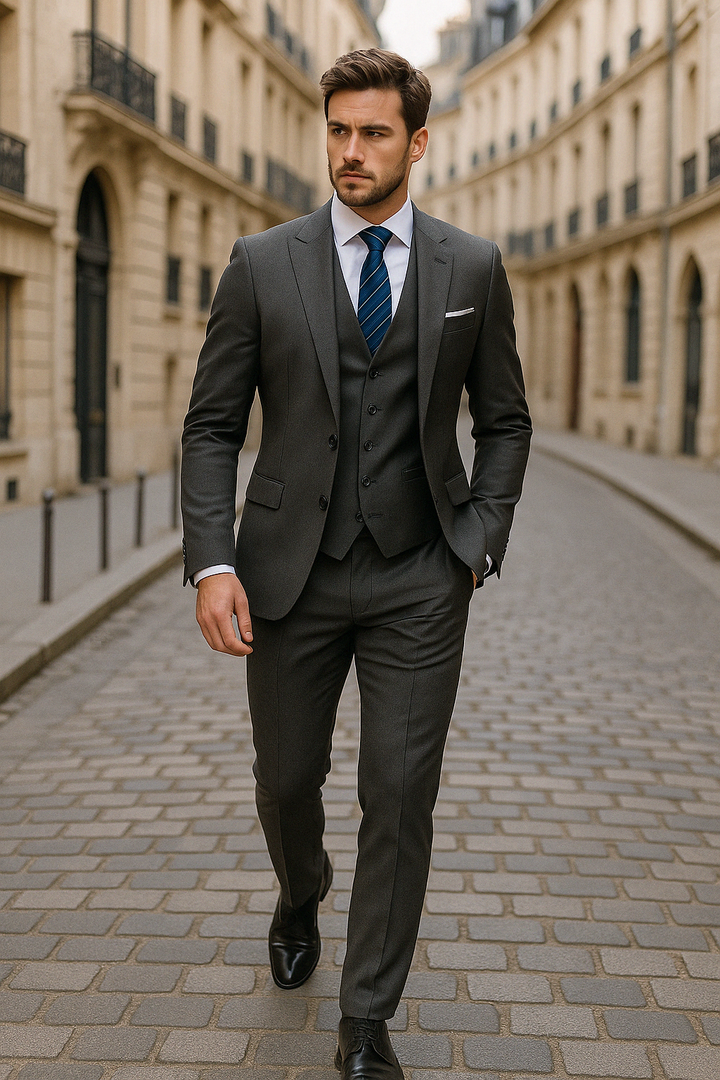 "Ensemble costume 3 pièces formelle homme, élégant gris foncé, veste, gilet et pantalon pour occasions formelles"