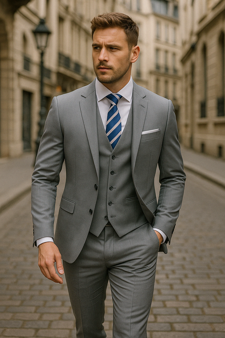 "Ensemble costume 3 pièces formelle homme, élégant gris foncé, veste, gilet et pantalon pour occasions formelles"