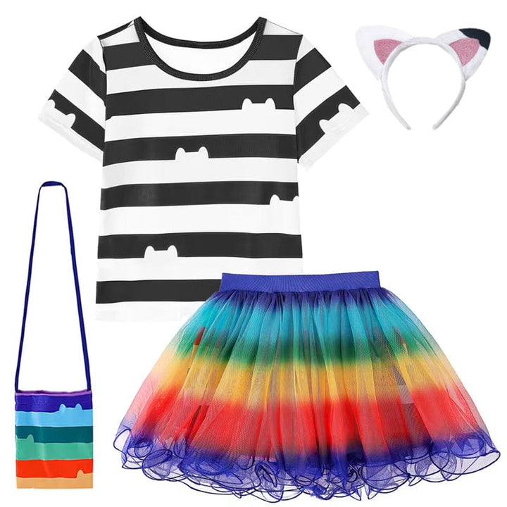 Ensemble déguisement enfant avec t-shirt rayé noir et blanc, jupe tulle multicolore et serre-tête oreilles de chat.